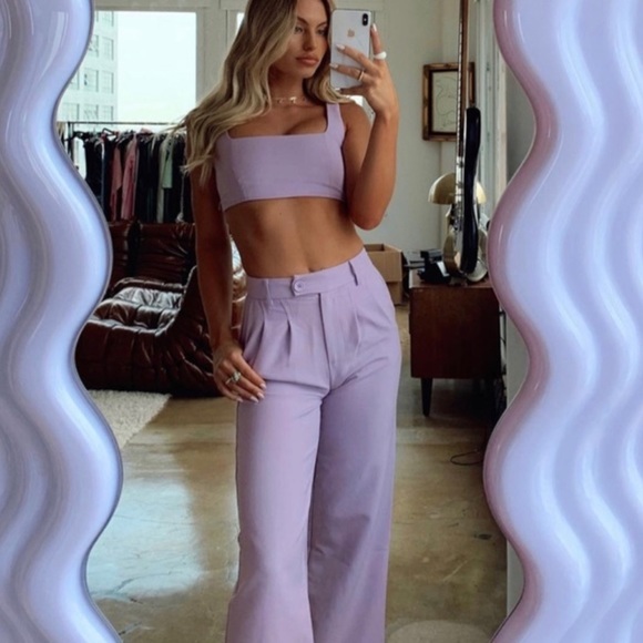Princess Polly Huxley Two Piece Crop Top Trouser Set in Lilac - Picture 3 of 16